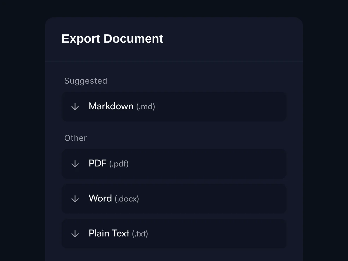 cDox export options including PDF, Word, Markdown, and CSV