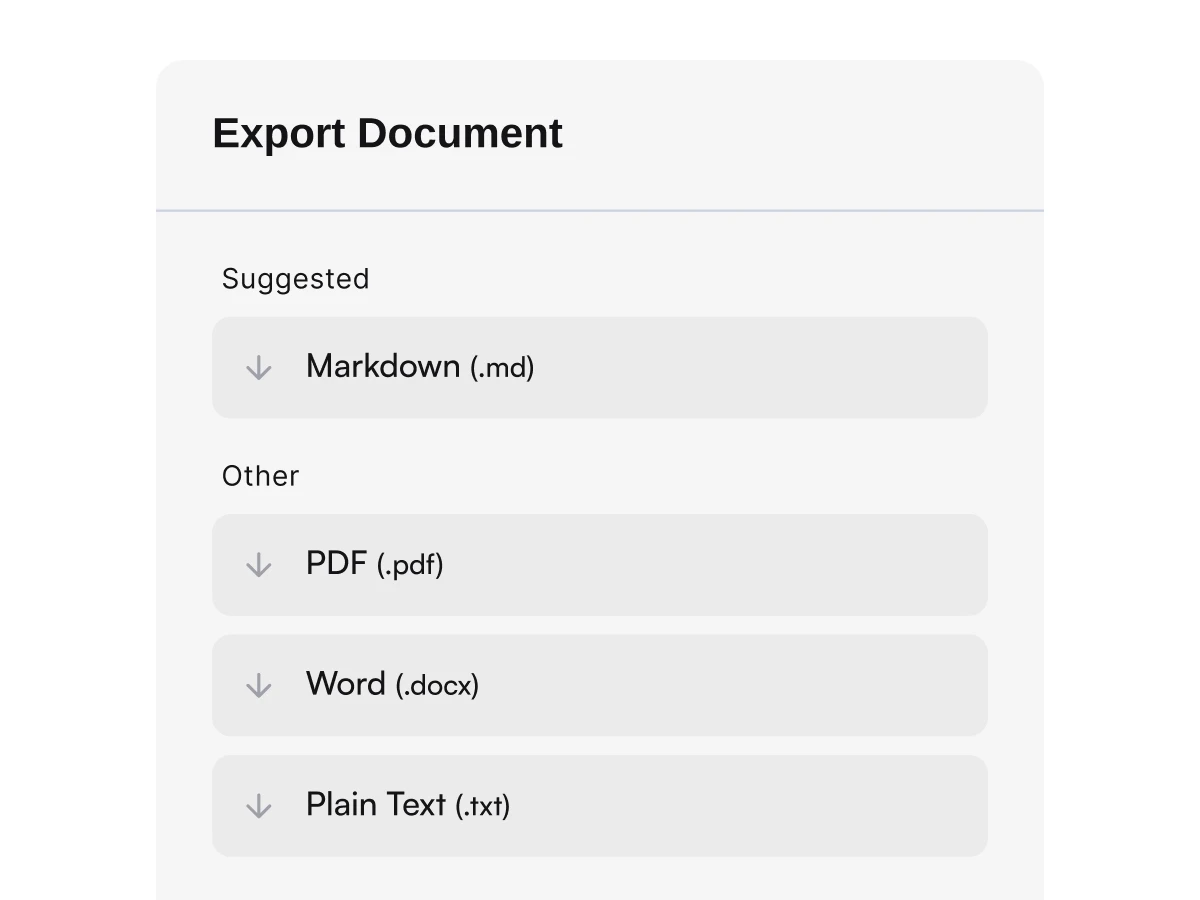 cDox export options including PDF, Word, Markdown, and CSV
